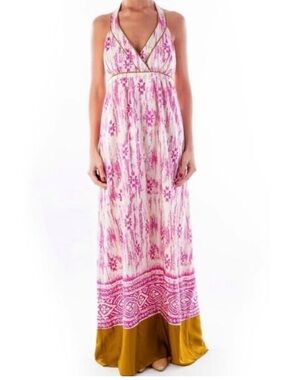 Ann Taylor LOFT 100% Silk Cross Back Maxi Dress Size 2 Pink Cream Boho